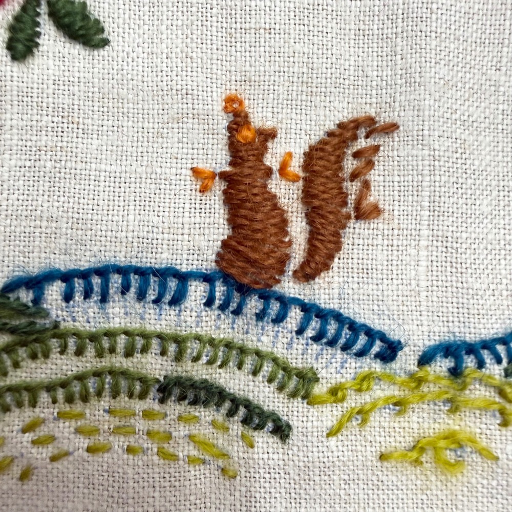 Vintage Hand Embroidered Linen Panel Squirrel Floral Crewel Folk Art 13x14‎ - Picture 2 of 6
